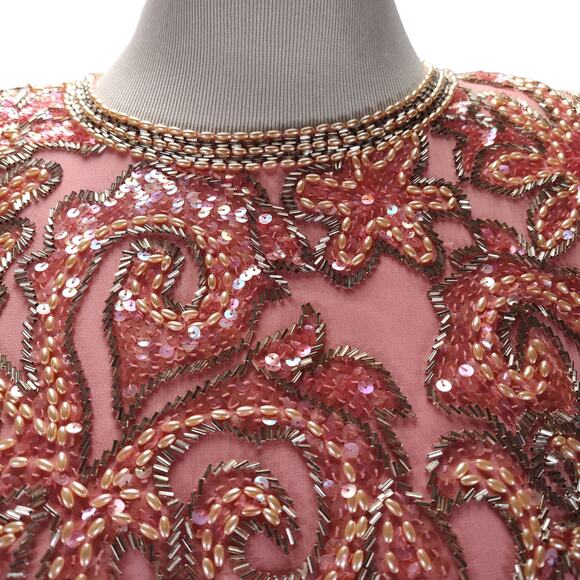 Vintage Lillie Rubin Sequin Silk Cocktail Dress Size 8 Pink Drop Waist Fit Flare - Picture 8 of 16